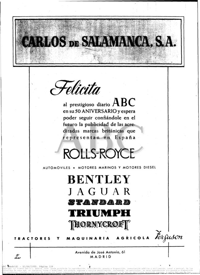 ANUNCIO DE CARLOS DE SALAMANCA EN ABC, EDICIÓN 1 DE JUNIO DE 1955