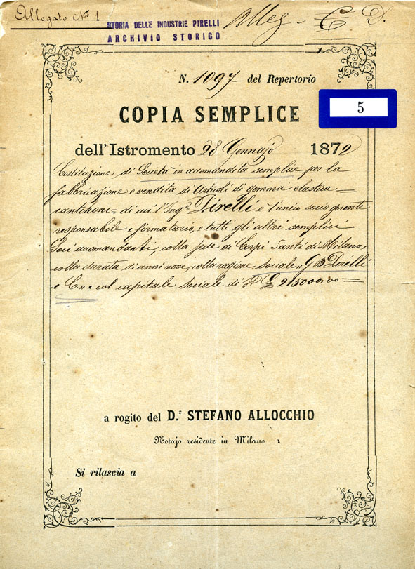 ACTA DE CONSTITUCIÓN DE LA SOCIEDAD PIRELLI, 1872