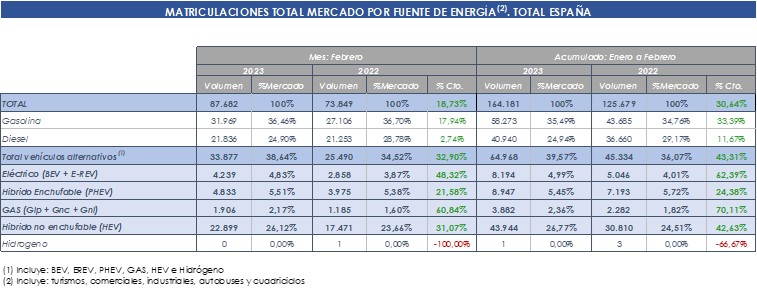 Matriculaciones por fuentes de energía en España en febrero de 2023